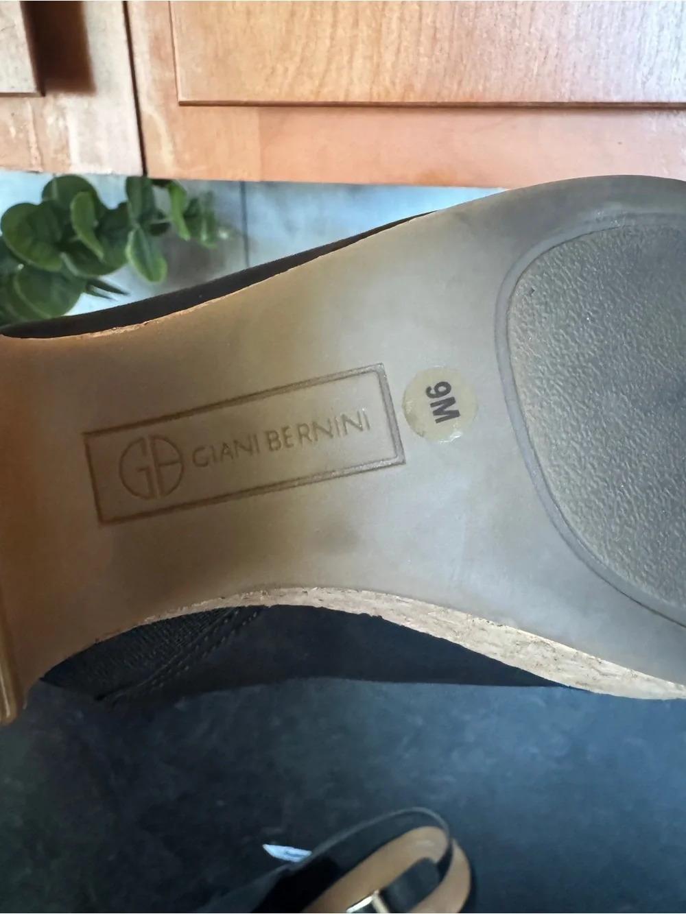 Giani Bernini | Black Leather Cork Wedge Slingbacks | 9